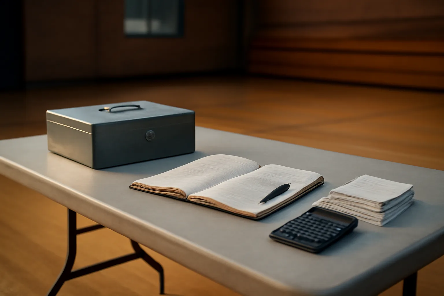 Volunteer treasurer's cash box and ledger on a folding table before IRS filing