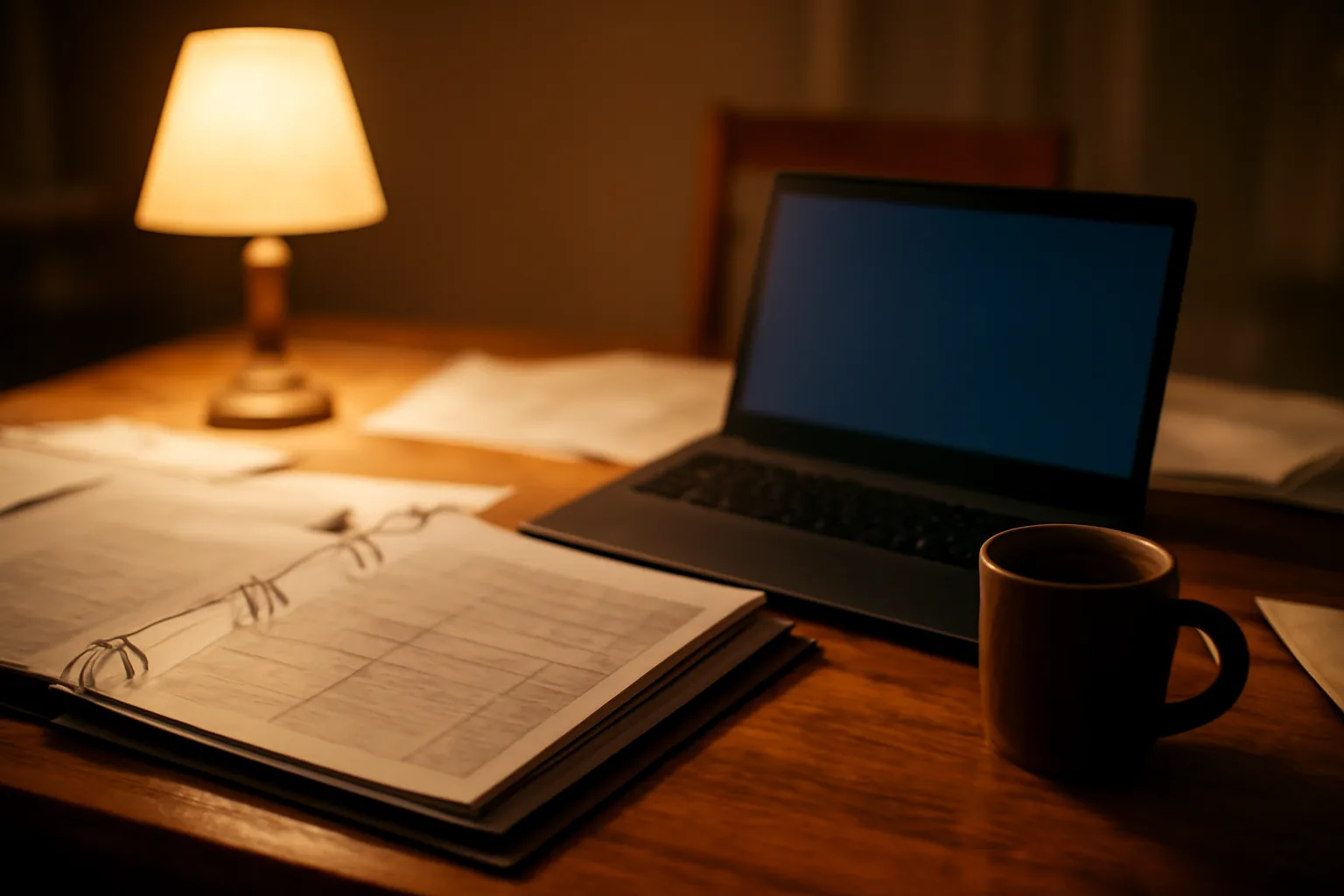 Volunteer treasurer's table at night with financial binder and laptop, working on annual filing
