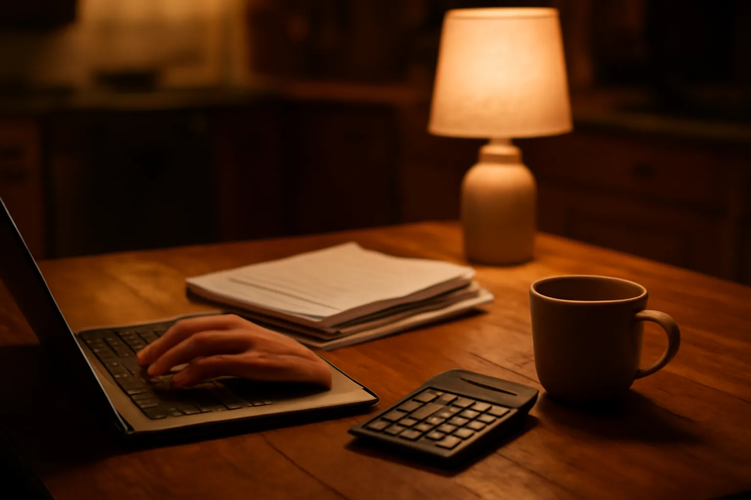 Volunteer treasurer working on laptop with bank statements at kitchen table