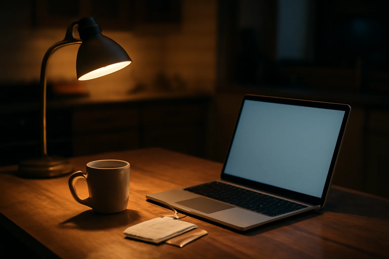 Laptop and receipts on a kitchen table at night for filing taxes