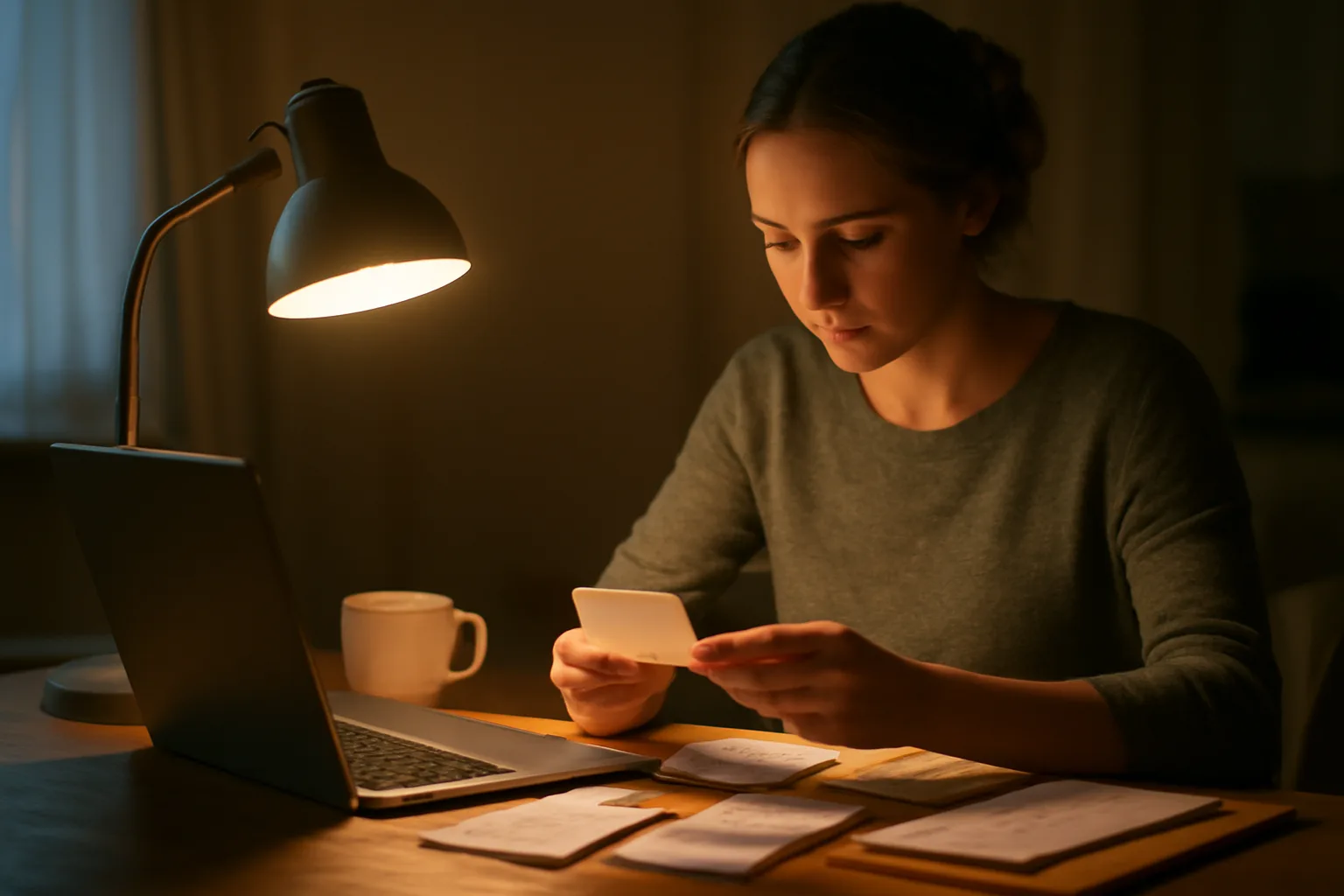 Volunteer treasurer sorting receipts and bank statements at a kitchen table at night