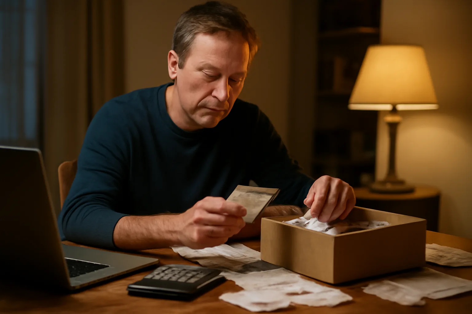 Volunteer treasurer sorting receipts and reviewing finances at home for IRS Form 990 filing
