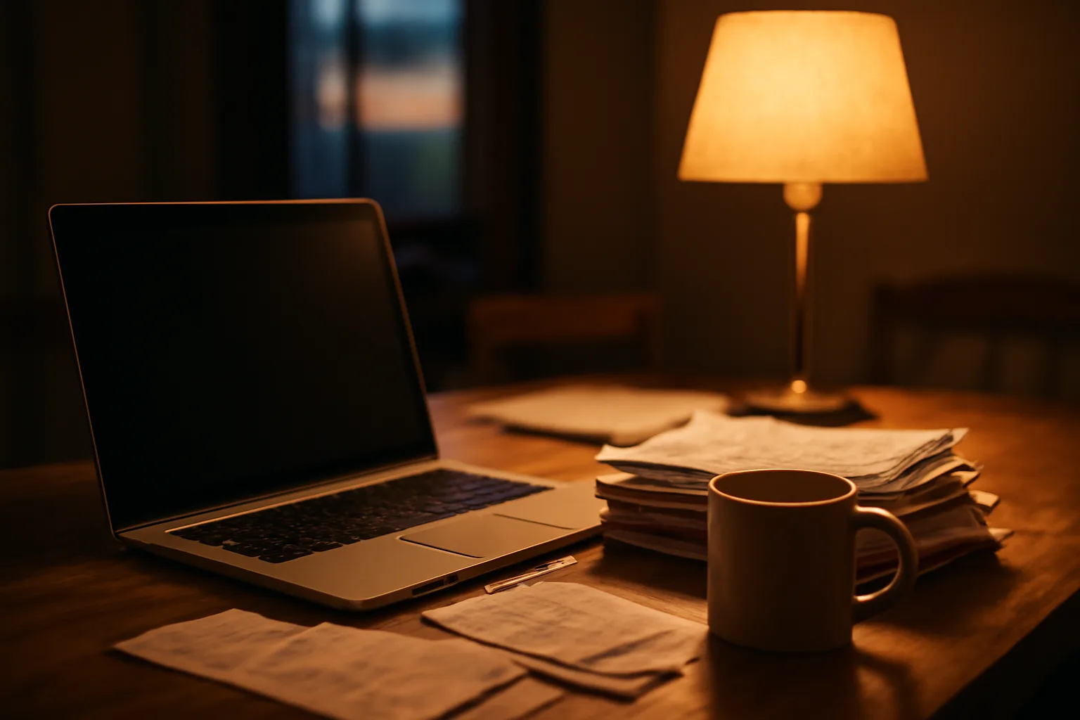 Volunteer treasurer's kitchen table with laptop and receipts for 990 postcard filing
