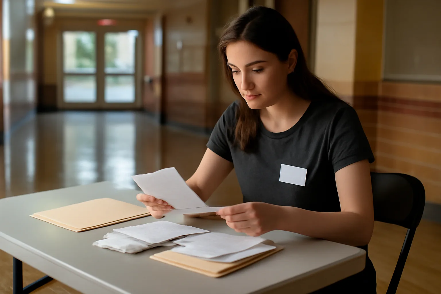 Volunteer treasurer sorting receipts and bank statements at a school gym table