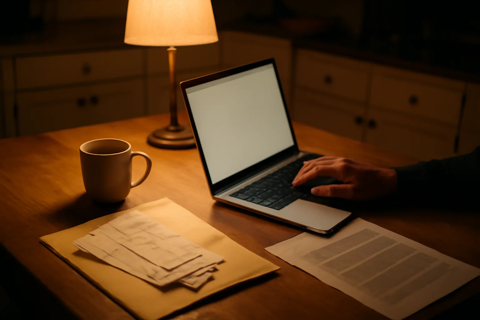 Volunteer treasurer filing paperwork at a kitchen table at night