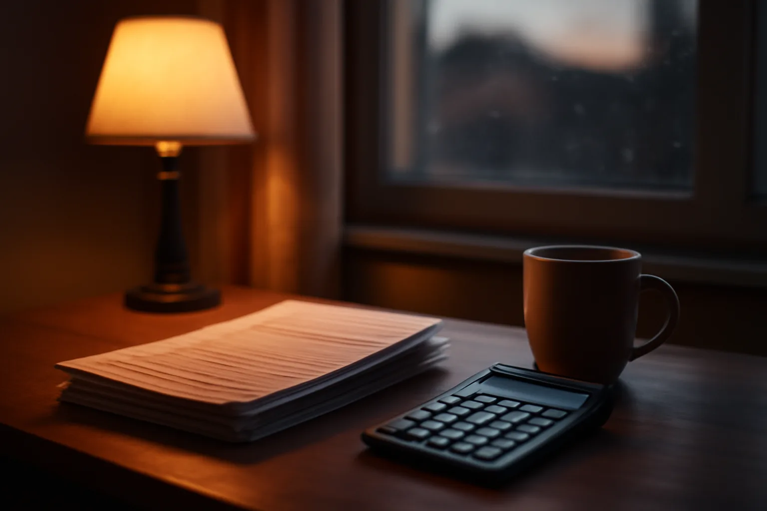 Desk lamp lighting bank statements and a calculator during evening treasurer bookkeeping work