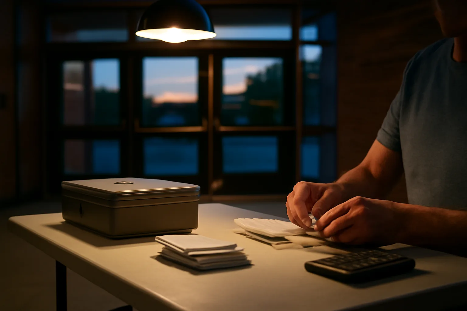 Volunteer treasurer sorting cash and receipts at a folding table for nonprofit 990 recordkeeping