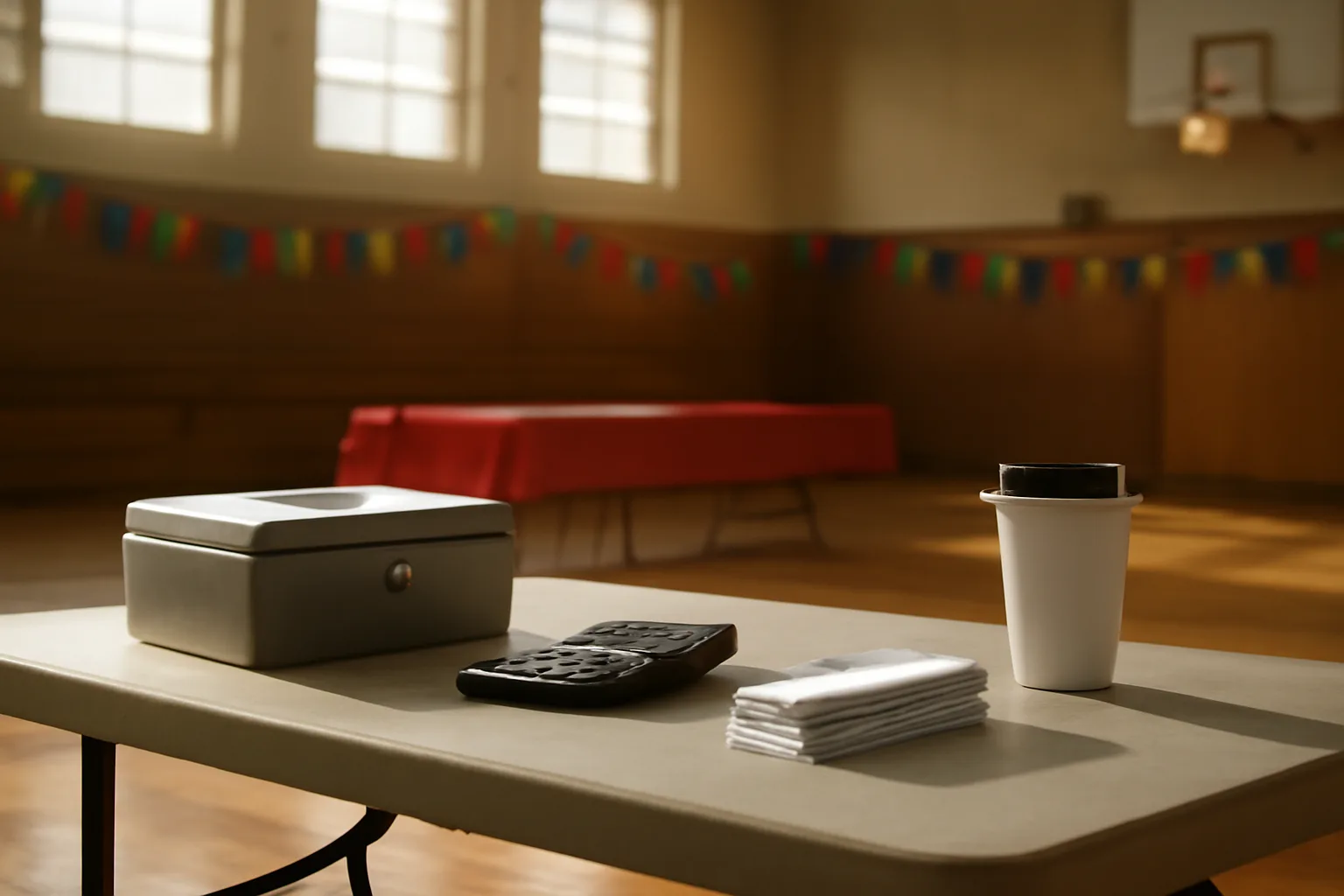 Volunteer treasurer's folding table with cash box and receipts at a school fundraiser