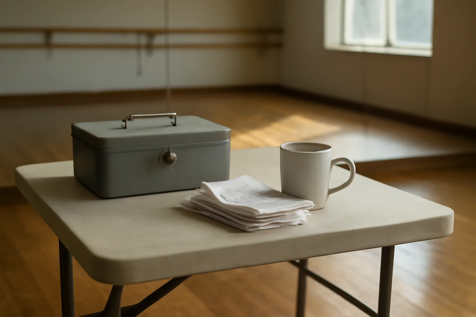 Cash box and receipts on a folding table at a dance studio fundraiser