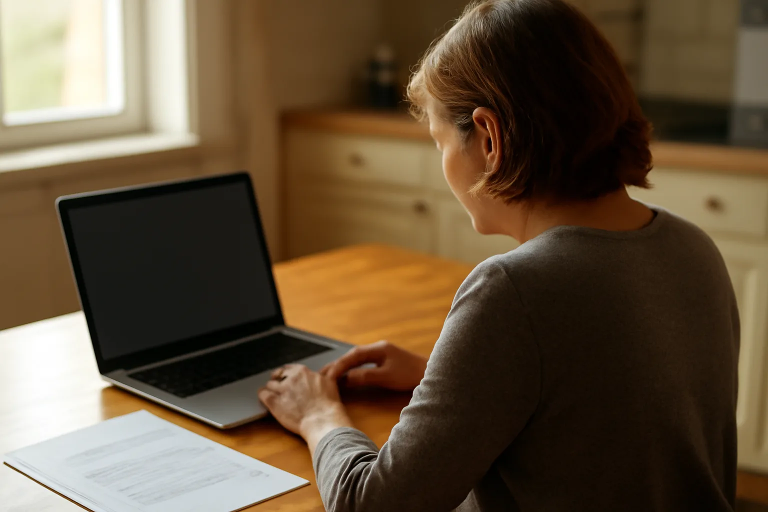 Volunteer treasurer working on laptop with financial papers at kitchen table