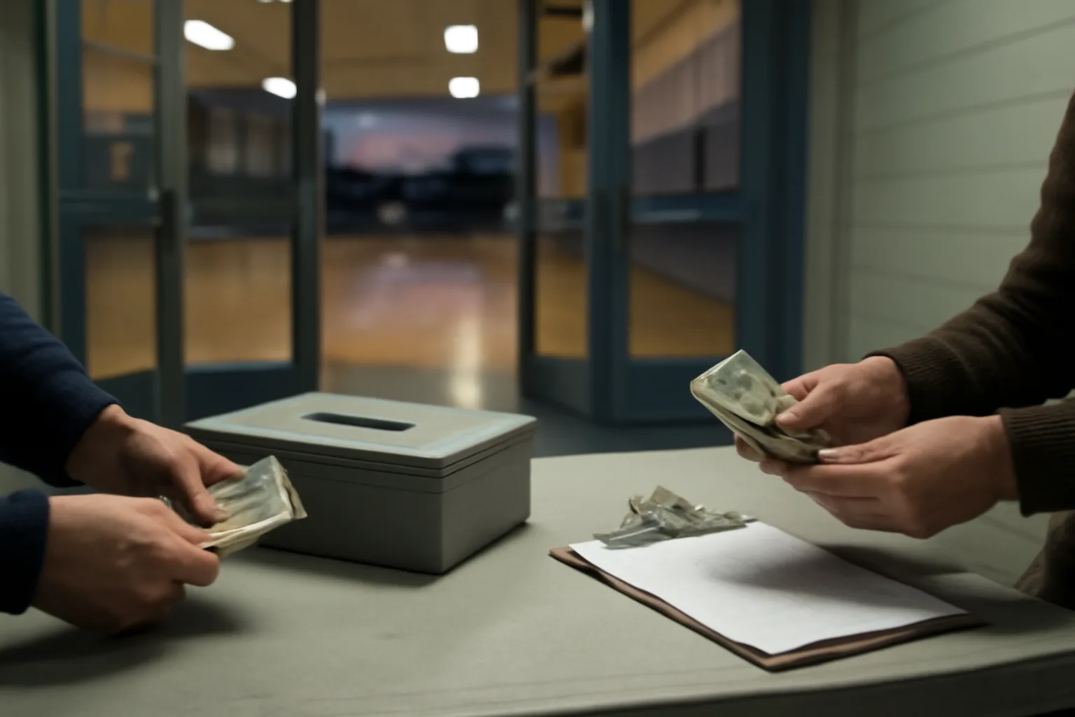 Two volunteers counting cash at a booster club concession table under gym lighting
