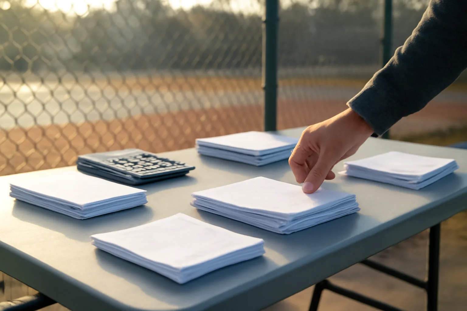 Volunteer treasurer organizing paperwork at a tennis court fence table