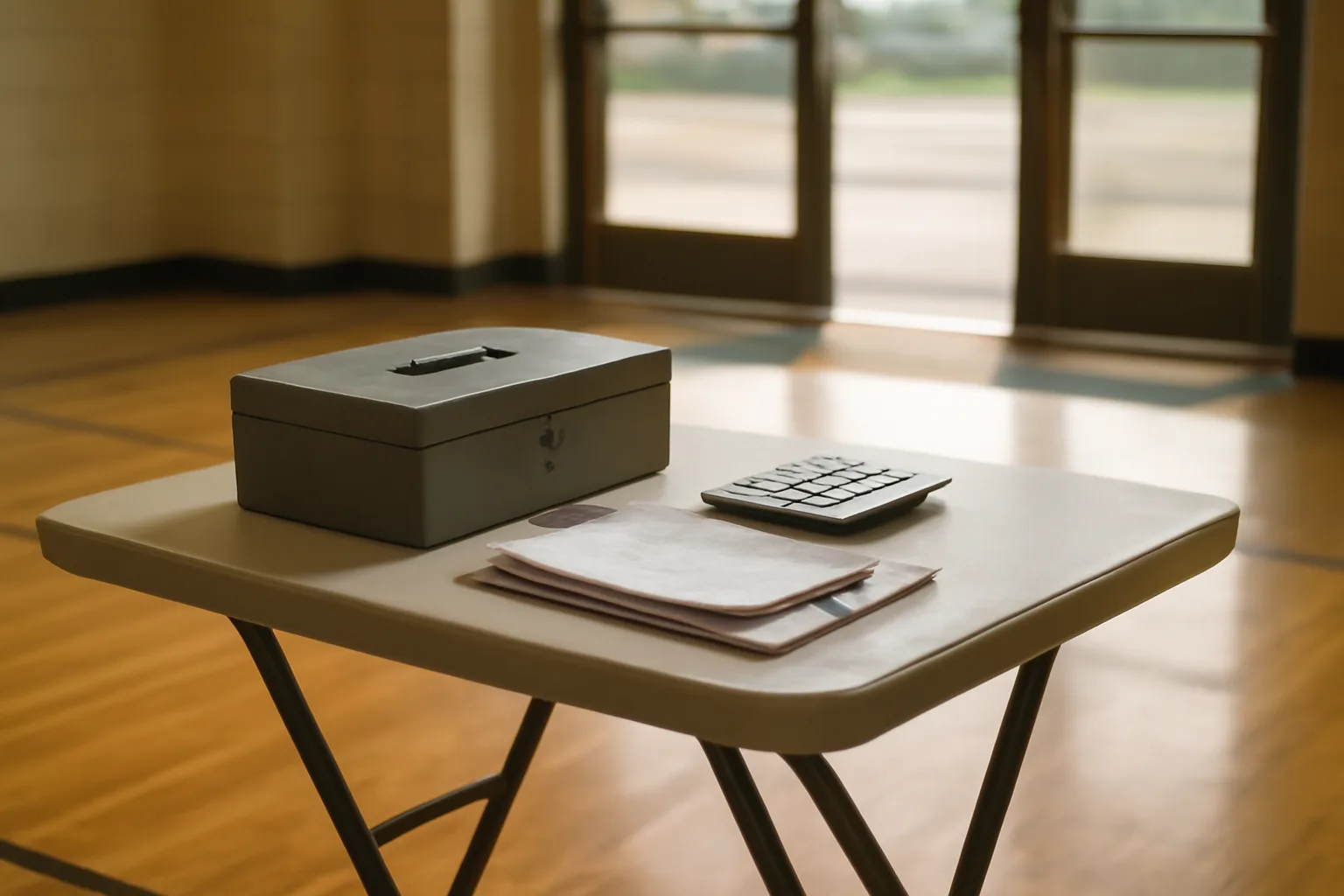 Cash box, calculator, and receipts on a folding table for a booster club treasurer