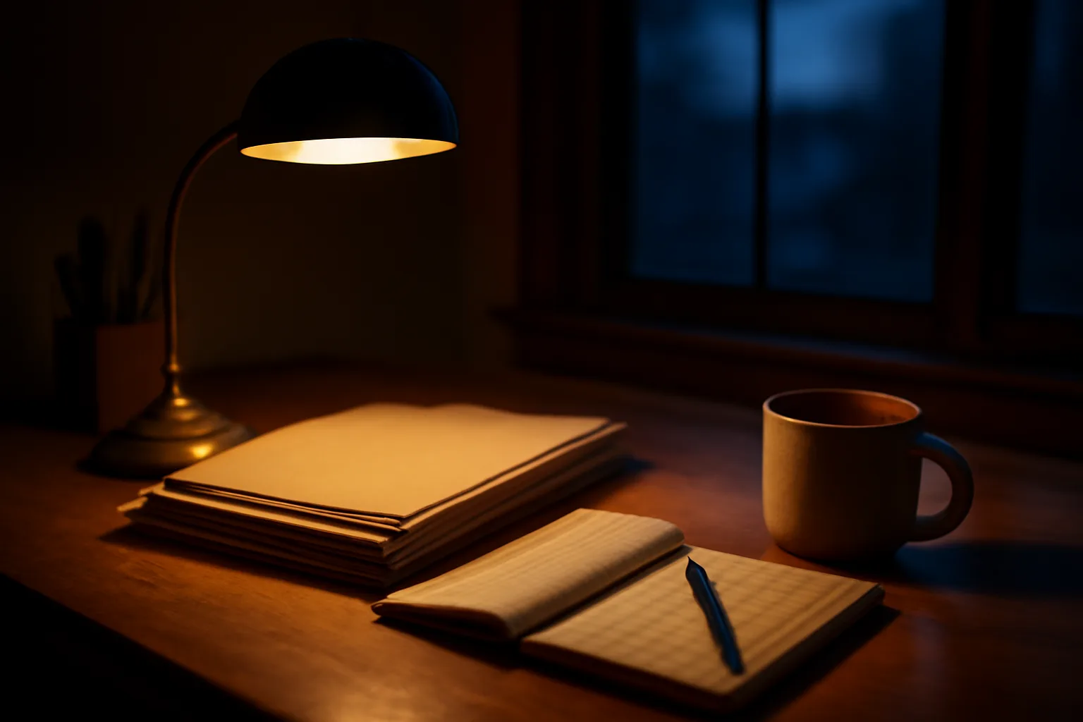 Volunteer treasurer's desk with folders and ledger under lamp light at dusk