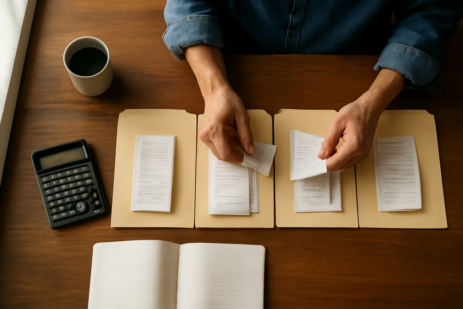 Volunteer treasurer organizing receipts and financial records at home