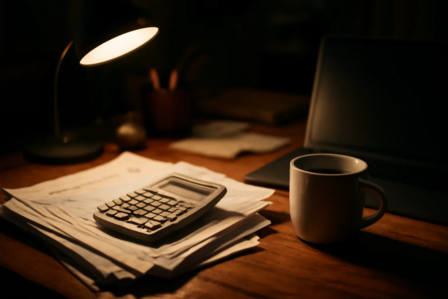 Volunteer treasurer's kitchen table with bank statements and calculator under desk lamp light