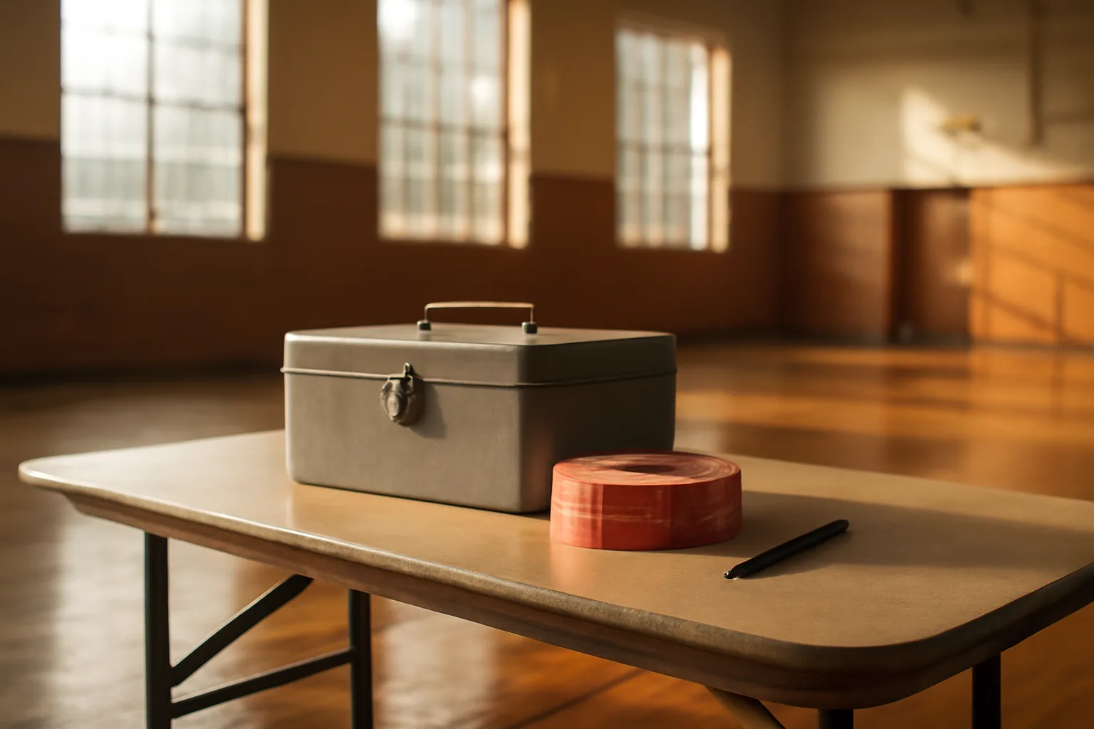 Cash box and raffle tickets on a folding table at a booster club fundraiser