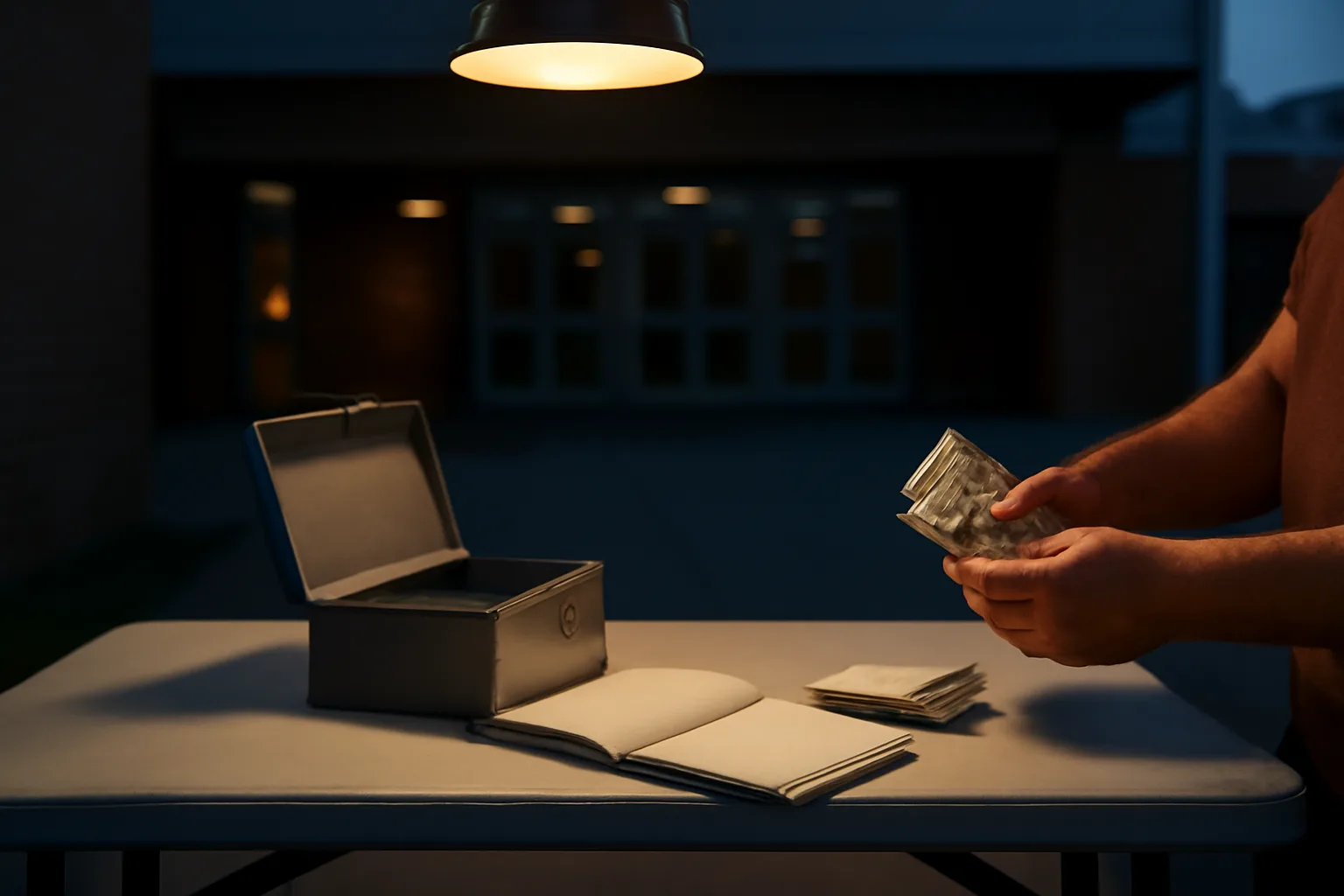 Volunteer treasurer counting cash and receipts at a booster club table