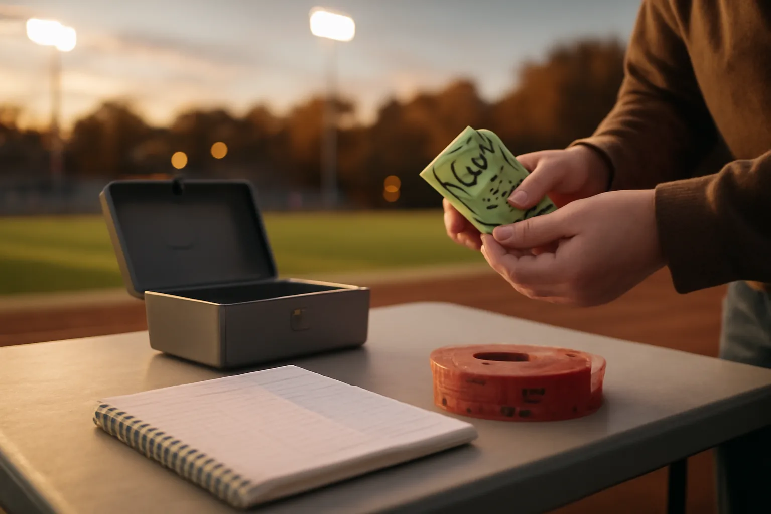 Booster club volunteers counting raffle cash at a folding table under stadium lights