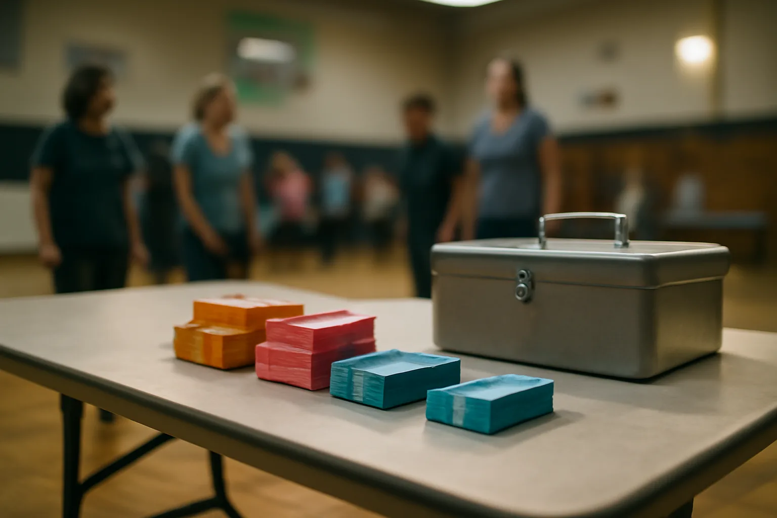 Volunteer treasurer's table with raffle ticket stubs and cash box at a school gym fundraiser