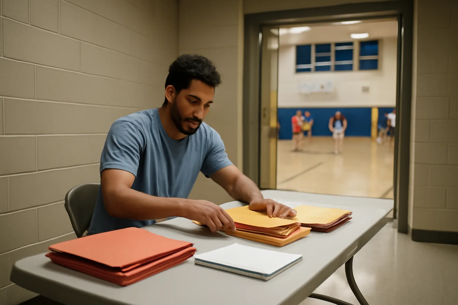 volunteer treasurer sorting nonprofit paperwork folders at a school gym table