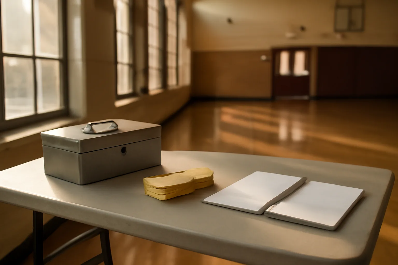 Volunteer treasurer's table with cash box and ledger at a youth gymnastics meet