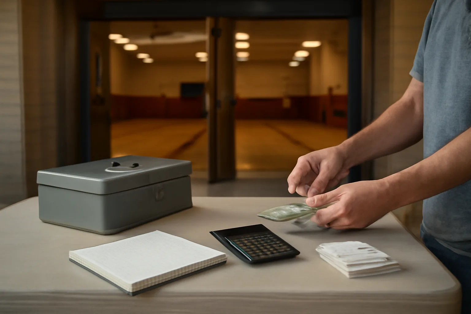 Volunteer treasurer organizing cash box and receipts at a high school booster club table