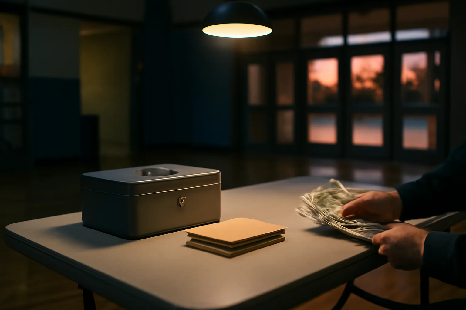 Volunteer treasurer counting cash from a booster club fundraiser at a folding table