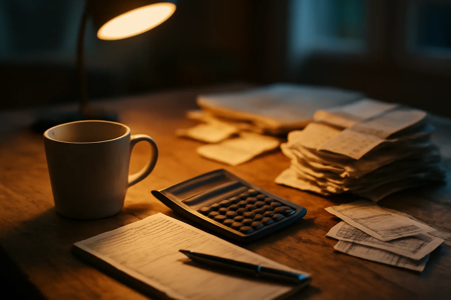 Kitchen table workspace showing the everyday paperwork of a volunteer treasurer