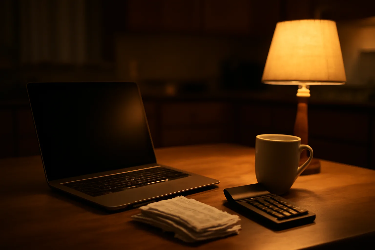 Home desk at night set up for 990 electronic filing with laptop and receipts