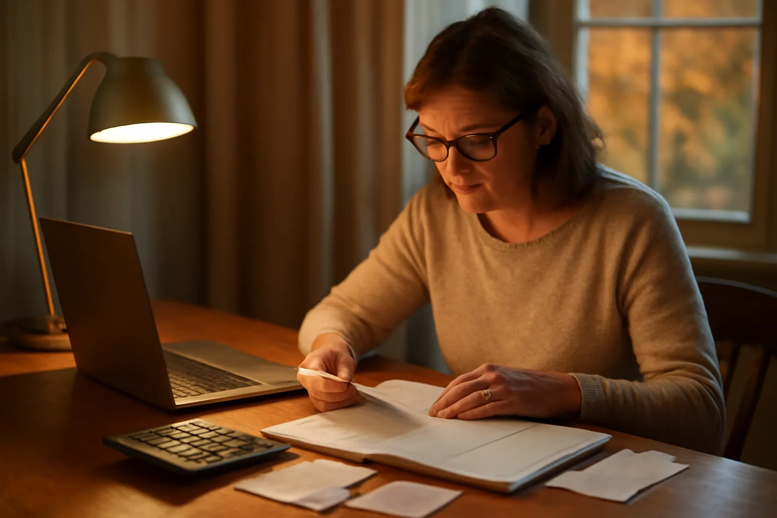 Volunteer treasurer sorting receipts and ledger at kitchen table while reviewing 990-EZ filing requirements