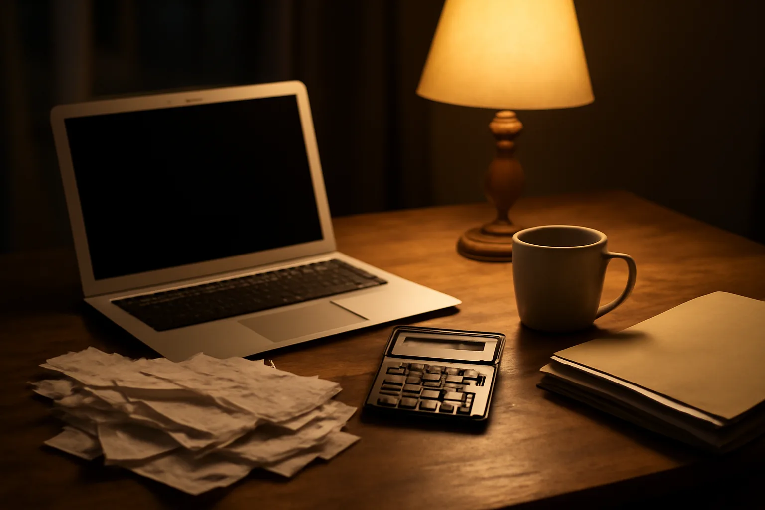 Volunteer treasurer's desk at night with receipts and laptop preparing 990-EZ paperwork