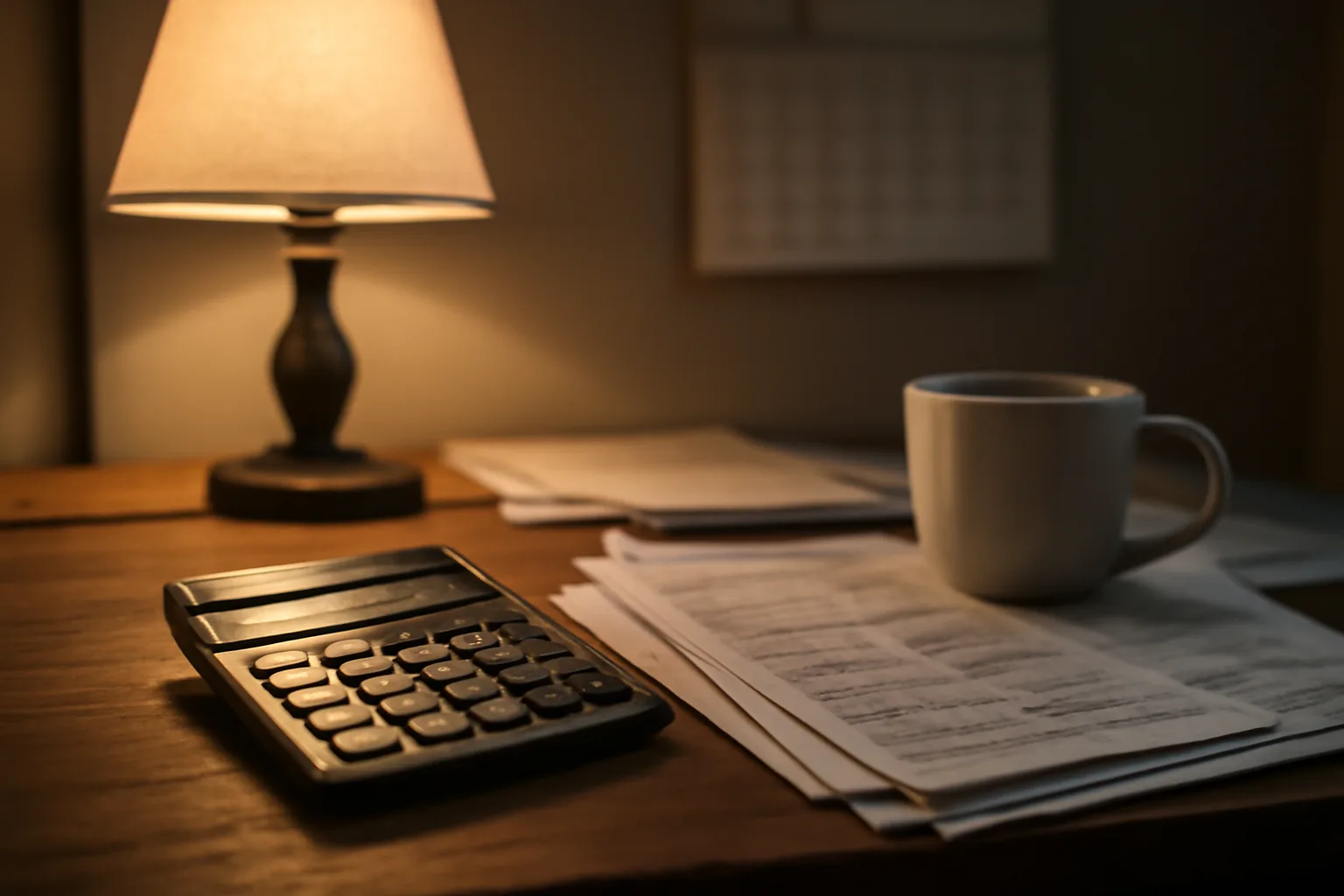 Volunteer treasurer's desk at night with calculator and bank statements for 990 filing