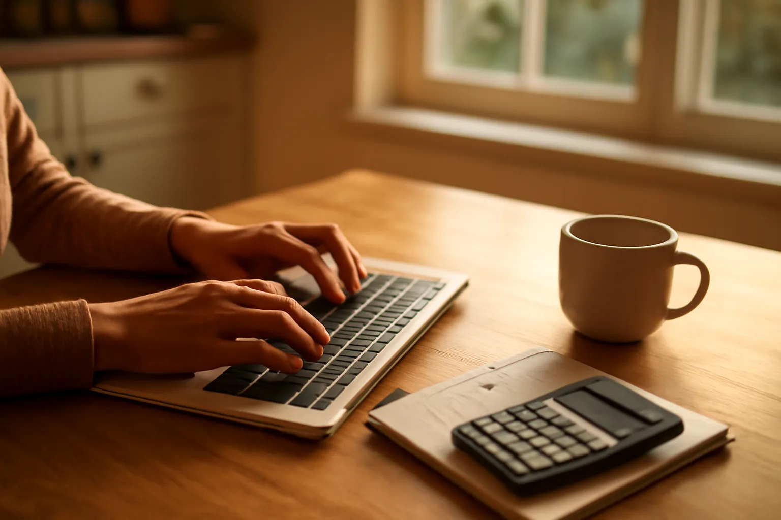 A treasurer working on nonprofit financial paperwork and a laptop at a kitchen table