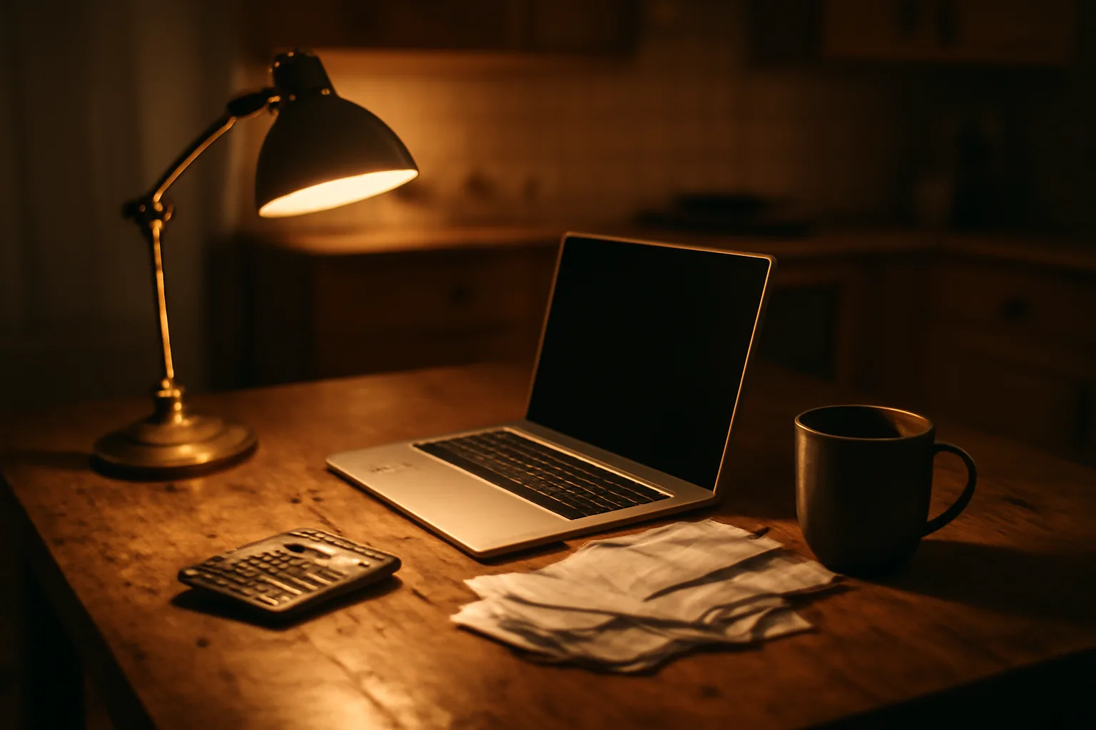 Volunteer treasurer's kitchen table workspace at night with laptop and receipts