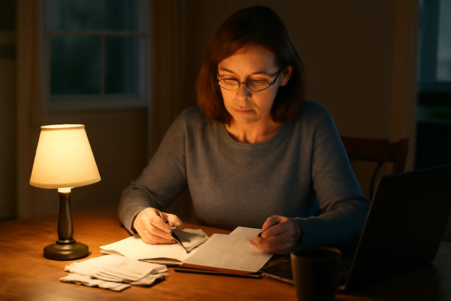Volunteer treasurer reviewing financial records at home while preparing 990 forms for nonprofits