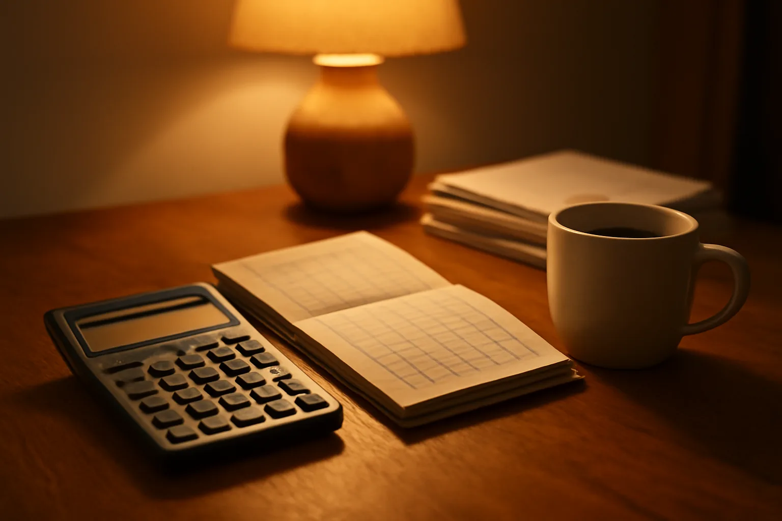 Kitchen table with ledger, calculator, and bank statements for a volunteer treasurer filing the 990 IRS form