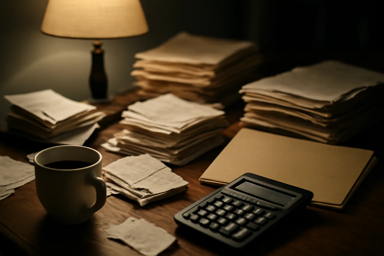 Volunteer treasurer's desk with receipts and calculator for preparing a 990 filing