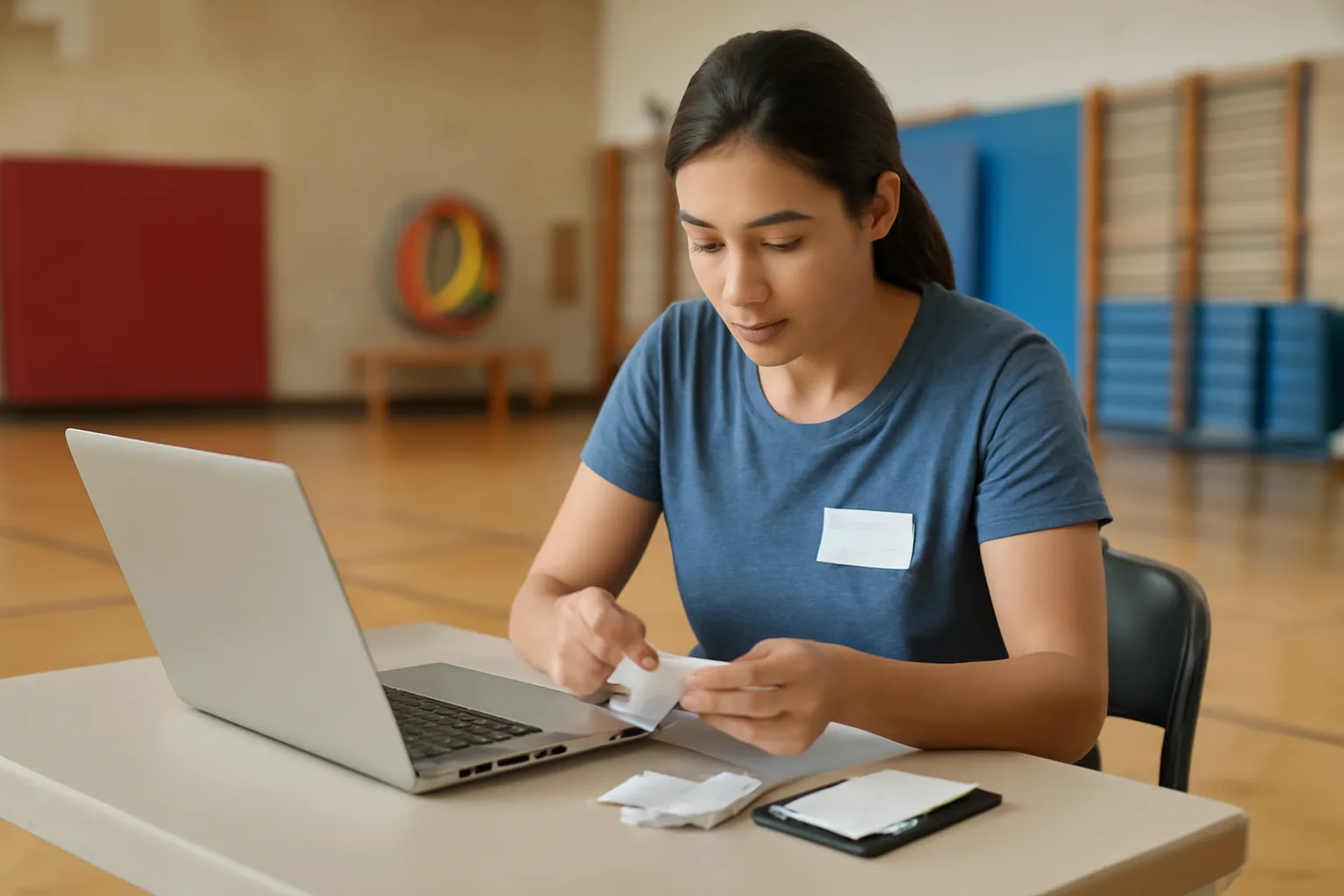 Volunteer treasurer reviewing receipts and a laptop at a school gym table