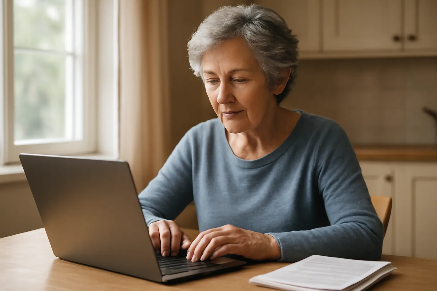 Volunteer treasurer reviewing finances on a laptop at a kitchen table