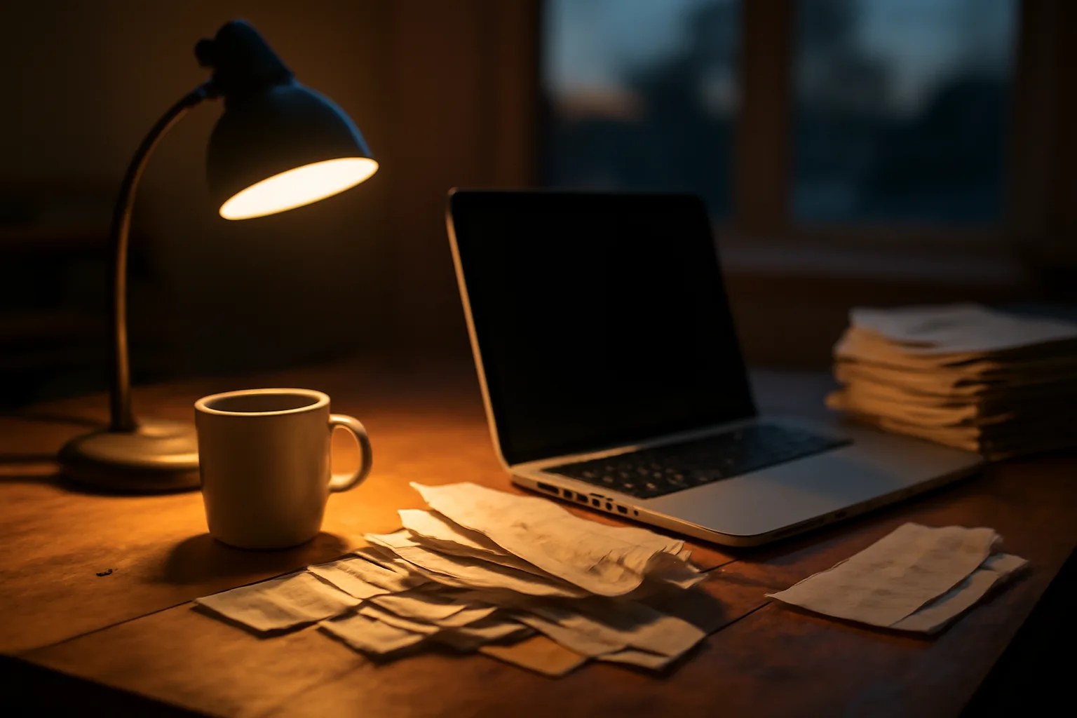 Volunteer treasurer's laptop and receipts on a kitchen table during evening 990-N filing