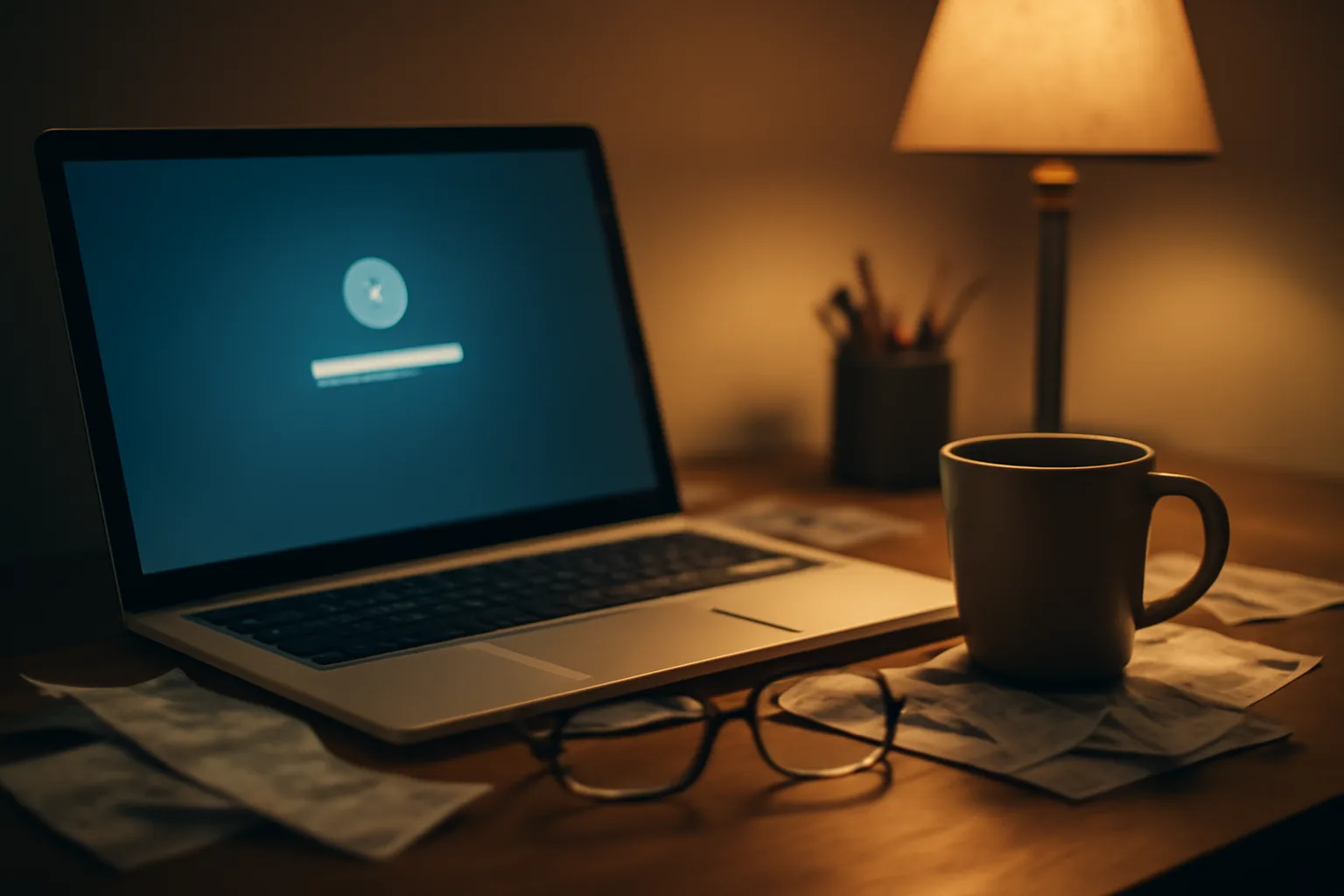Volunteer treasurer at a home desk facing a blocked online filing screen at night