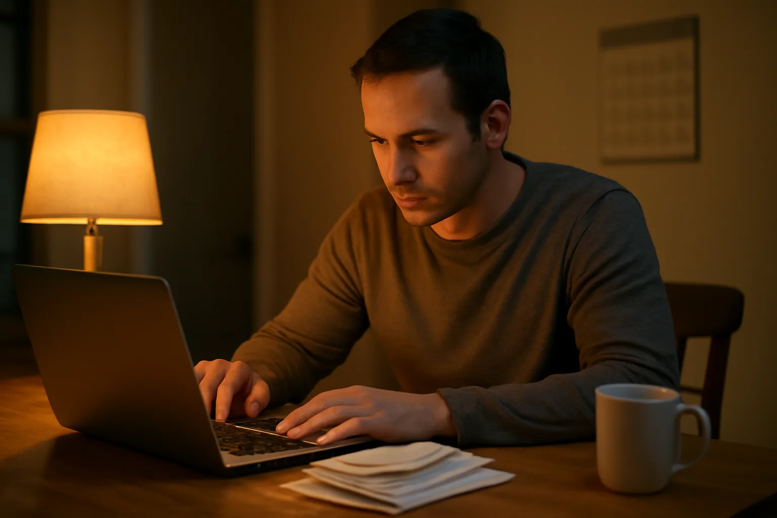 Volunteer treasurer working on 990-N filing online at a kitchen table at night