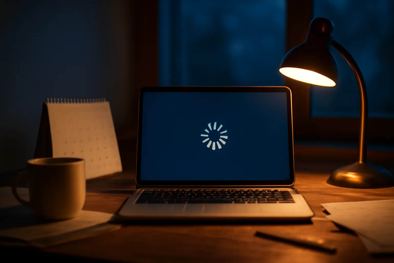 Volunteer treasurer's desk at night during a 990-N filing outage with laptop loading spinner