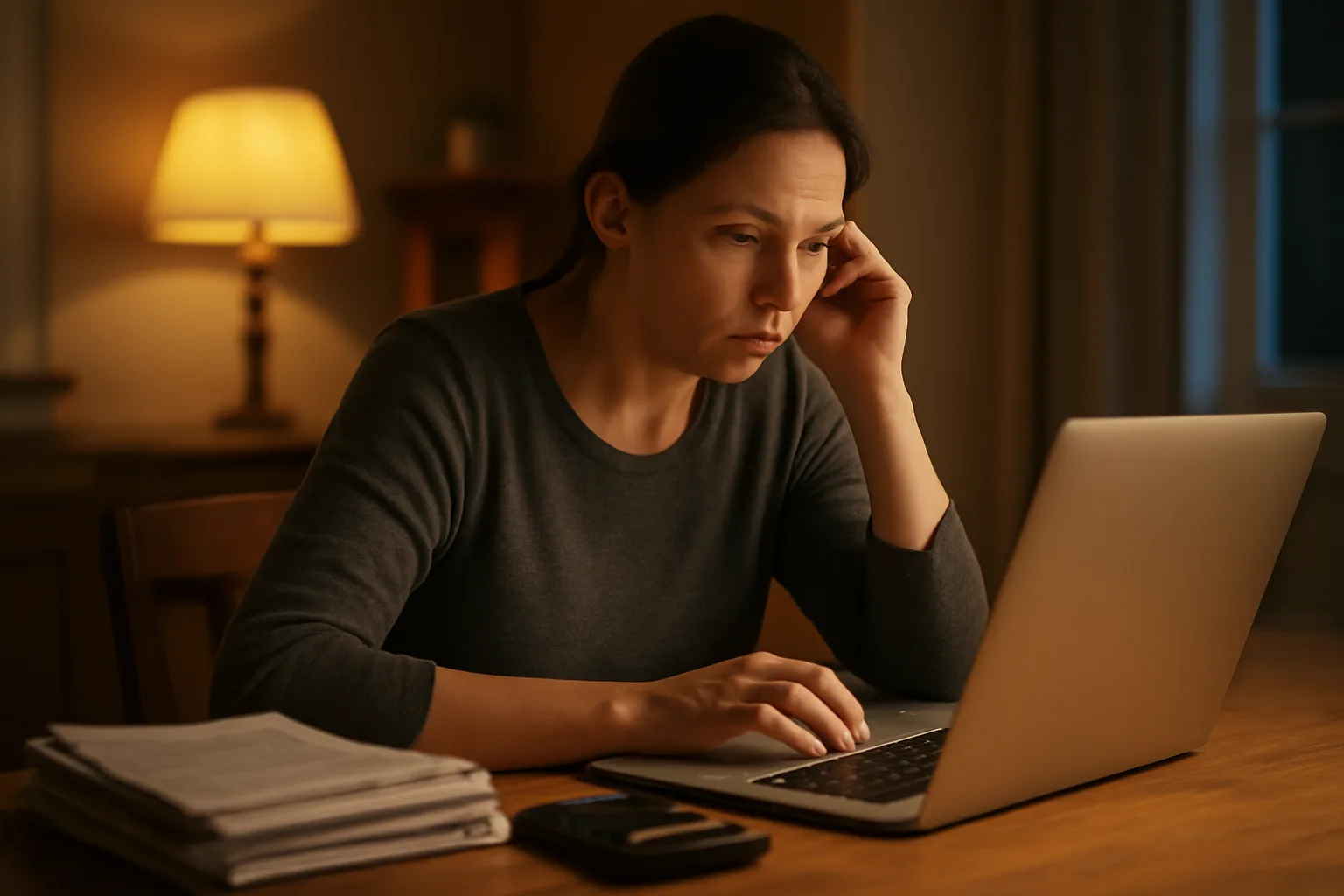 Volunteer treasurer reviewing financial records at home before 990-N filing