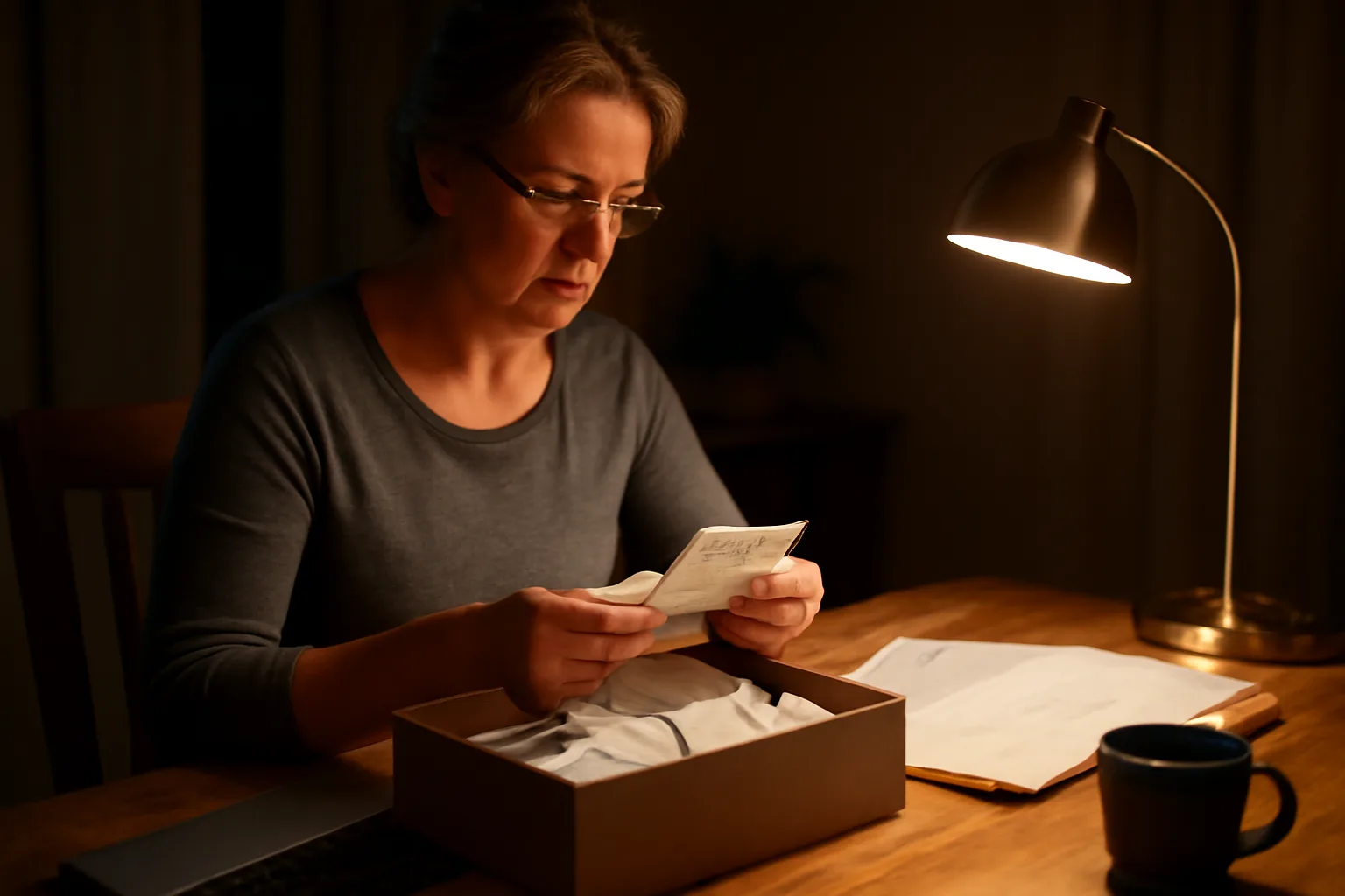 Volunteer treasurer reviewing receipts and bank statements at a laptop for 990-N filings