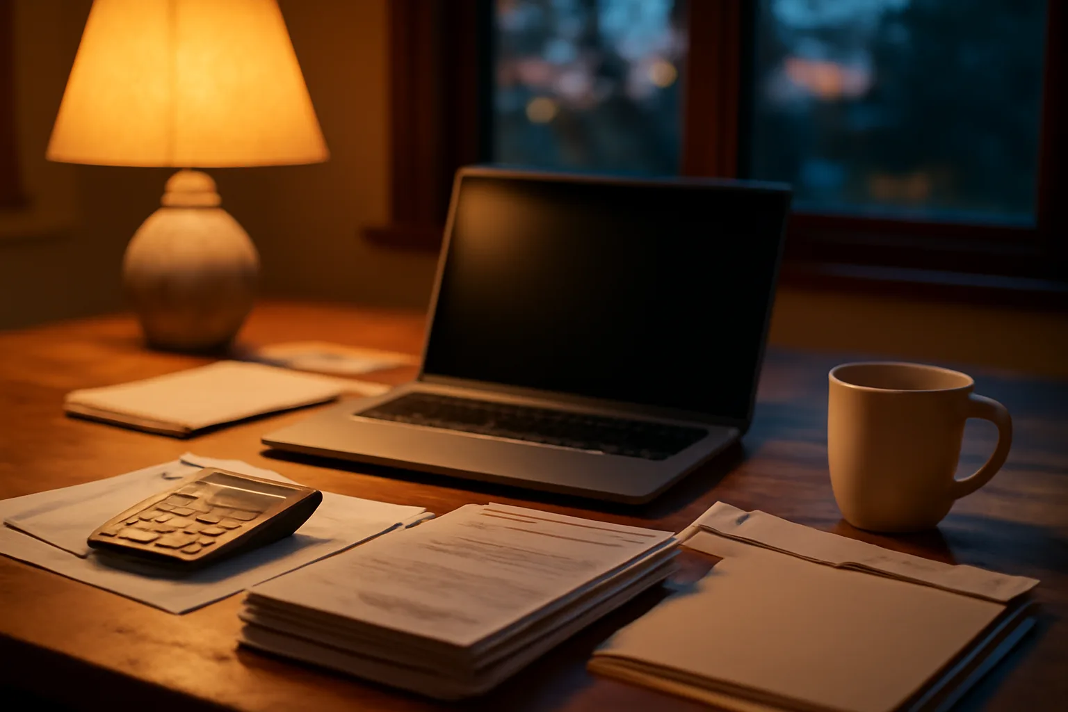 Volunteer treasurer's desk with laptop, statements, and calculator for 990-N filing