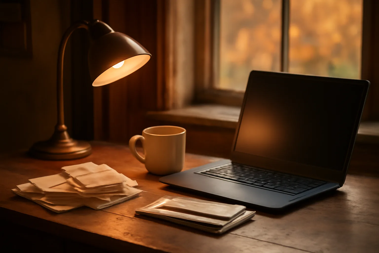 Volunteer treasurer's desk with laptop, receipts, and lamp during 990-N postcard filing
