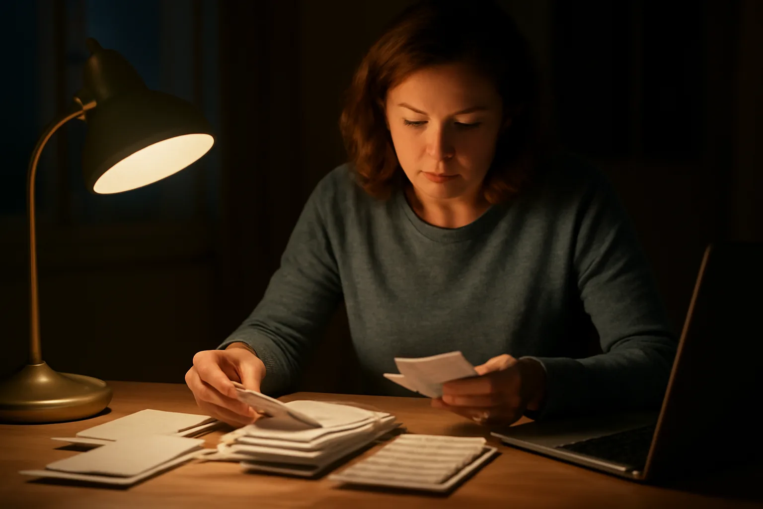 Volunteer treasurer sorting receipts and bank statements while preparing 990 tax returns at home
