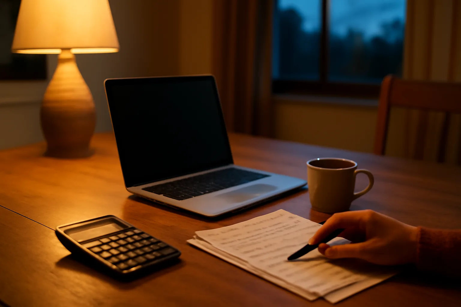 Volunteer treasurer working on 990 tax filing at a kitchen table at night